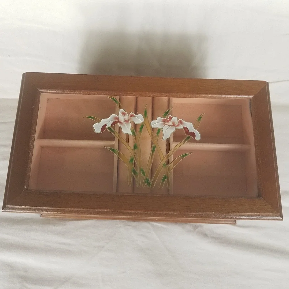 Vintage Wooden Jewelry Box Organizer Brown Excellent Floral Glass 2-drawers